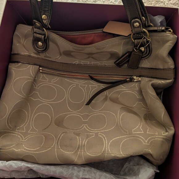 Coach Handbags - Vintage Coach Signature Jacquard Tote – Khaki/Gold  – Like NEW w/Box & Tissue